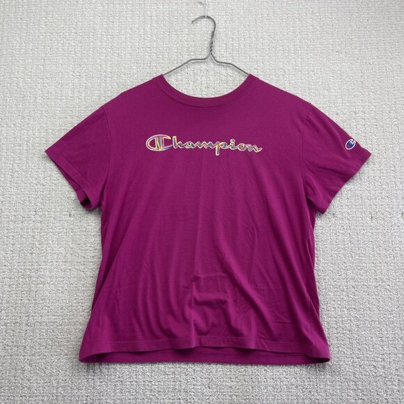Champion T-shirt Women Sz M Fushia w/ Trippy Multicolor Script Logo Spell Out - Picture 1 of 8